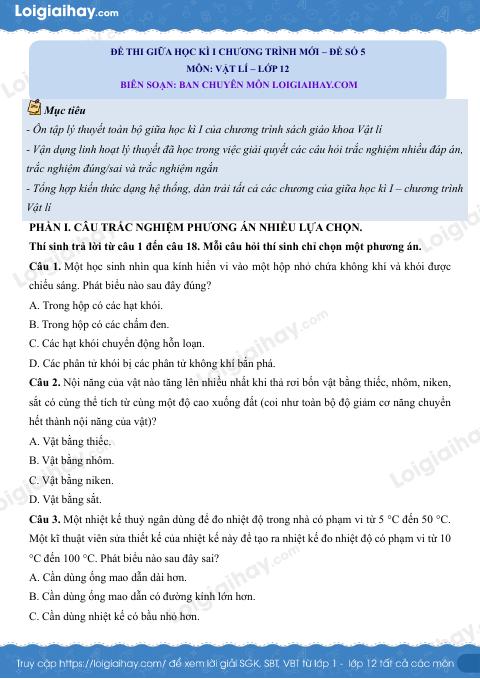 Đề thi giữa học kì 1 Vật lí 12 Cánh diều - Đề số 5